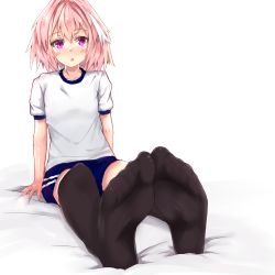  1boy androgynous astolfo_(fate) black_thighhighs blouse fate/apocrypha fate/grand_order fate_(series) feet foot_focus full_body hair_intakes male_focus pink_hair shirt sitting solo tarosu_(815588243) thighhighs thighs trap white_background white_shirt  rating:Sensitive score:85 user:danbooru