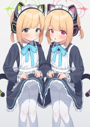  2girls absurdres animal_ear_headphones animal_ears apron black_dress blonde_hair blue_archive blush cat_tail closed_mouth dress fake_animal_ears feet_out_of_frame green_eyes green_halo grey_background halo headphones highres loli long_sleeves looking_at_viewer maid maid_headdress matanukinuki midori_(blue_archive) midori_(maid)_(blue_archive) momoi_(blue_archive) momoi_(maid)_(blue_archive) multiple_girls open_mouth panties panties_under_pantyhose pantyhose pink_halo red_eyes short_hair siblings simple_background sisters smile tail twins underwear white_apron white_panties white_pantyhose  rating:Sensitive score:12 user:danbooru