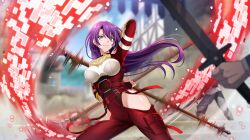  1girl amane_towa armor arthur_pencilgon_(shangri-la_frontier) bare_shoulders belt blue_eyes breastplate breasts crossover earrings game gloves highres hip_vent holding holding_polearm holding_spear holding_weapon jewelry kage_no_jitsuryokusha_ni_naritakute! long_hair looking_at_viewer medium_breasts official_art partially_fingerless_gloves polearm purple_hair shangri-la_frontier spear vambraces weapon  rating:General score:7 user:SaveLangrisser