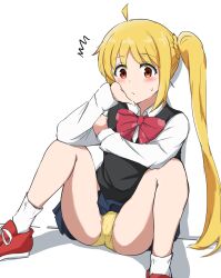  1girl ahoge arm_rest bare_legs black_vest blonde_hair blue_skirt blush bocchi_the_rock! bow bowtie brown_eyes cameltoe closed_mouth collared_shirt commentary_request embarrasing embarrassed hand_on_own_cheek hand_on_own_face highres ijichi_nijika kenpopor18 legs long_hair long_sleeves looking_at_viewer m_legs notice_lines panties pantyshot polka_dot polka_dot_bow red_bow red_bowtie red_footwear shadow shirt shoes side_ponytail sidelocks sitting skirt sneakers socks solo spread_legs surprised sweatdrop thighs underwear vest white_background white_shirt white_socks yellow_panties  rating:Sensitive score:34 user:danbooru
