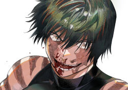  1girl black_shirt blood blood_on_face evil_smile green_hair hair_between_eyes highres jujutsu_kaisen looking_at_viewer open_mouth portrait rotated s_o_i scar_on_shoulder shirt short_hair simple_background sleeveless sleeveless_shirt smile solo teeth tongue v-shaped_eyebrows white_background yellow_eyes zen&#039;in_maki 