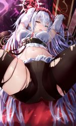 1girl absurdres age_fx arms_behind_head azur_lane black_pantyhose blue_eyes blush breasts elbing_(azur_lane) elbing_(the_throne_of_misfortune)_(azur_lane) elbow_gloves feet_out_of_frame gloves heterochromia highres long_hair looking_at_viewer lying medium_breasts navel official_alternate_costume on_back open_mouth panties panties_under_pantyhose pantyhose red_eyes solo tank_top torn_clothes torn_pantyhose twintails underwear white_gloves white_hair white_panties white_tank_top rating:Sensitive score:33 user:danbooru