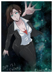  10s 1girl aoyanagi_risa black_hair breasts cleavage dated green_eyes highres kiraki mole mole_under_eye outstretched_hand parted_lips psycho-pass short_hair solo 