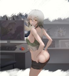 1girl ass black_shorts blurry blurry_background blush breasts butt_crack commentary croque_(neural_cloud) dressing feet_out_of_frame from_side girls&#039;_frontline girls&#039;_frontline_neural_cloud grey_hair hair_ornament hairpin kneeling looking_at_viewer medium_breasts monitor open_mouth shirt short_hair shorts sideboob solo thatob yellow_eyes rating:Sensitive score:33 user:danbooru