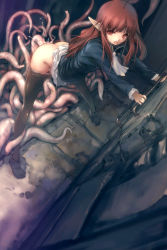  1girl against_wall ahoge bent_over brown_eyes brown_hair clothes_pull cum cum_in_pussy elf highres hitomaru long_hair open_mouth original pantyhose pantyhose_pull pointy_ears solo spread_legs tentacles  rating:Explicit score:362 user:danbooru