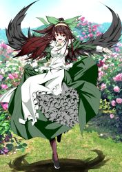  1girl alternate_costume bad_id bad_pixiv_id blue_sky bow brown_hair bush day dress female_focus field flower frills full_body garden grass hair_bow hairband highres looking_at_viewer maxwell_manzoku nagomineco open_mouth red_eyes reiuji_utsuho running shoes sky smile solo touhou wings 