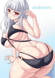  1girl ass bikini black_bikini blunt_bangs blush breasts butt_crack character_name cleavage curvy fanatic_fetish glasses heidimarie_w._schnaufer huge_ass huge_breasts long_hair looking_at_viewer looking_back red_eyes shiny_skin skindentation solo strike_witches swimsuit thick_thighs thighs white_background white_hair world_witches_series 