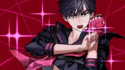  1boy bad_id bad_twitter_id black_eyes black_hair black_sailor_collar black_serafuku commentary_request cosplay gloves go_haejun hair_between_eyes highres kill_la_kill korean_commentary male_focus matoi_ryuuko_(cosplay) neckerchief no_home_(manhwa) open_mouth red_background red_gloves red_neckerchief sailor_collar school_uniform serafuku single_glove solo sparkle upper_body 