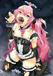 1girl aburidashi_zakuro arm_support bare_shoulders bdsm black_panties black_thighhighs blue_eyes blush bondage bound breasts chain choker crotch_rope crotch_rub cuffs cum cum_in_mouth cum_on_body cum_on_breasts cum_on_clothes cum_on_tongue cum_on_upper_body cumdrip deepthroat detached_sleeves fellatio fingernails gothic_lolita hair_ribbon hand_on_another&#039;s_head handcuffs highres invisible_penis kneeling lace legs lolita_fashion long_hair looking_up nipple_slip nipples open_mouth oral original panties penis pink_hair pussy_juice rape ribbon shackles small_breasts solo_focus tears thighhighs torn_clothes torn_legwear underwear uvula very_long_hair rating:Explicit score:223 user:danbooru