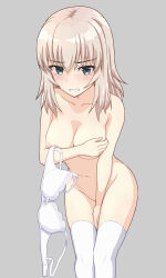  1girl absurdres blue_eyes blush bra breasts cevi79604876054 cleft_of_venus commentary covering_breasts covering_crotch covering_privates cowboy_shot frown girls_und_panzer grey_background grey_hair grimace highres holding holding_bra holding_clothes holding_underwear itsumi_erika leaning_forward looking_at_viewer medium_breasts medium_hair navel nipples nude simple_background solo standing tearing_up thighhighs underwear unworn_bra white_bra white_thighhighs 