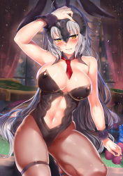 1girl animal_ears bare_shoulders black_leotard blush breasts cleavage closed_mouth clothing_cutout detached_collar fake_animal_ears fate/grand_order fate_(series) hand_on_own_head headpiece highres jeanne_d&#039;arc_(fate) jeanne_d&#039;arc_alter_(avenger)_(fate) jeanne_d&#039;arc_alter_(fate) kawai_(purplrpouni) large_breasts leotard long_hair looking_at_viewer navel navel_cutout necktie pantyhose playboy_bunny rabbit_ears red_necktie silver_hair solo thigh_strap thighs very_long_hair wrist_cuffs yellow_eyes rating:Sensitive score:17 user:danbooru