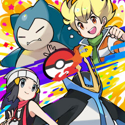  1boy 1girl absurdres barry_(pokemon) beak black_hair black_shirt blonde_hair blue_eyes bracelet claws clenched_hand collared_shirt commentary creatures_(company) dawn dawn_(pokemon) empoleon fangs game_freak gen_1_pokemon gen_4_pokemon green_scarf grey_eyes hat highres holding holding_poke_ball jewelry long_hair looking_at_another multicolored_background nintendo official_art open_hand open_mouth orange_eyes pink_scarf poke_ball poke_ball_(basic) poke_ball_print poke_ball_symbol pokemon pokemon_(creature) pokemon_dppt print_headwear scarf shirt sleeveless sleeveless_shirt smile snorlax striped_clothes striped_shirt teeth tongue upper_teeth_only white_hat 