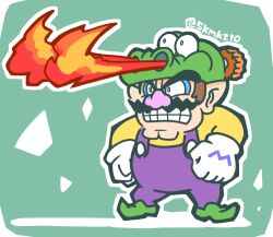  1boy animal_hat artist_name cleft_chin clenched_hands facial_hair fire gloves green_background green_footwear grin hat male_focus mustache nintendo overalls pointy_ears purple_overalls simple_background skmkz10 smile wario wario_land white_gloves 