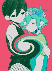  2boys antenna_hair aqua_flower aqua_hair aqua_overalls aqua_rose bare_arms bare_shoulders basil_(headspace)_(omori) basil_(omori) black_eyes black_tank_top blue_flower child closed_eyes closed_mouth colored_skin distortion flower flower_wreath green_shirt hair_behind_ear hair_between_eyes hair_flaps hand_on_another&#039;s_back highres leaf looking_at_viewer male_focus multiple_boys no_pupils omori omori_(omori) pants purple_flower purple_rose red_background rose shirt short_sleeves sidelocks simple_background striped_clothes striped_pants swirl tank_top upper_body vertical-striped_clothes vertical-striped_pants white_pants white_skin zero_(sleepy_meltan) 
