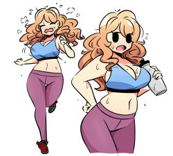  1girl black_eyes bottle bouncing_breasts breasts cleavage closed_eyes commentary curly_hair dripping english_commentary exercising eyelashes flying_sweatdrops freckles hand_on_own_hip highres ida_(murgoten) jogging large_breasts long_hair looking_to_the_side mole mole_on_breast motion_lines multiple_views murgoten navel open_mouth original pants running shoes simple_background solo sports_bra sportswear steam stomach sweat track_pants water_bottle white_background wide_hips 