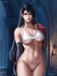 1girl absurdres black_gloves black_hair black_panties bottomless breasts brown_eyes cleft_of_venus eye_contact final_fantasy final_fantasy_vii final_fantasy_vii_remake flowerxl gauntlets gloves hair_ornament highres hip_focus large_breasts lips long_hair looking_at_another looking_at_viewer no_panties no_underwear_(female) panties pussy red_gloves shirt smile solo standing thighs tifa_lockhart underboob underwear white_shirt