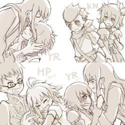  00s 3boys 3girls arm_grab bare_shoulders blush embarrassed glasses happy holding_hands hubert_ozwell karol_capel kiss kissing_forehead long_hair maruru_(marimo811) monochrome multiple_boys multiple_girls nan_(tales) open_mouth pascal_(tales) rita_mordio semi-rimless_eyewear short_hair sidelocks simple_background smile tales_of_(series) tales_of_graces tales_of_vesperia tearing_up tears under-rim_eyewear wavy_mouth white_background yuri_lowell 