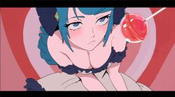 1girl bare_shoulders blue_eyes blue_hair breasts cleavage drill_hair frilled_sleeves frills gwen_(league_of_legends) league_of_legends looking_up medium_breasts smankey solo rating:Sensitive score:7 user:danbooru
