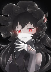  1girl abyssal_ship black_hair black_nails bonnet colored_skin glowing glowing_eyes gothic_lolita hand_up highres horns isolated_island_oni kantai_collection lolita_fashion looking_down nail_polish red_eyes shaded_face smile solo upper_body white_skin yuki_4040 