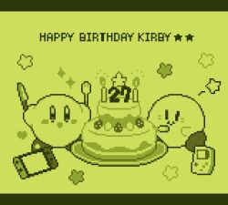  anniversary blush_stickers cake candle character_name closed_mouth eating fire food fork fruit game_boy green_background handheld_game_console happy_birthday holding holding_fork holding_knife holding_spoon kae77p kirby kirby&#039;s_dream_land kirby_(series) knife letterboxed nintendo nintendo_switch no_humans open_mouth pixel_art plate simple_background sitting smile spoon star_(symbol) strawberry time_paradox 