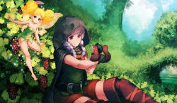  2girls animal animal_on_hand barefoot belt berry black_gloves blonde_hair blunt_bangs boots breasts brown_eyes brown_footwear buckle cape chestnut_mouth cleavage cloak day dragon&#039;s_crown dress elf elf_(dragon&#039;s_crown) fairy fairy_wings feet flying gloves green_dress headpat highres hood jean_popo looking_at_another looking_at_viewer multiple_girls nature outdoors plant pointy_ears scenery shorts sitting small_breasts smile sparkle squirrel strapless strapless_dress thigh_boots thighhighs tiki_(dragon&#039;s_crown) twintails wings zettai_ryouiki  rating:General score:17 user:danbooru