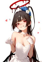 ahoge black_hair blood blue_archive breasts choker crying crying_with_eyes_open dress flower flower_on_head gloves halo kguy1920 long_hair pale_skin red_eyes small_breasts tears tsurugi_(blue_archive) wedding_dress  rating:Sensitive score:12 user:Dikeido10