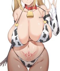1girl animal_print barcode barcode_tattoo bdsm bell bikini blonde_hair breast_tattoo breasts bridal_gauntlets cleavage collar collarbone commentary_request cow_print cowbell curvy elbow_gloves gloves head_out_of_frame heart highres huge_breasts kirome_(kamipaper) long_hair looking_at_viewer navel neck_bell original print_bikini pubic_tattoo red_collar saaya_(kirome) slave smile solo stomach stomach_tattoo strap_gap strap_pull swimsuit tattoo thigh_gap twintails unaligned_breasts virtual_youtuber rating:Questionable score:172 user:danbooru