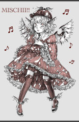  1girl beamed_sixteenth_notes bird_wings blouse character_name eighth_note frilled_sleeves frills full_body grey_background head_wings highres kneehighs looking_at_viewer majamari musical_note mystia_lorelei red_skirt shirt shoes short_hair simple_background skirt socks solo touhou wide_sleeves wings 