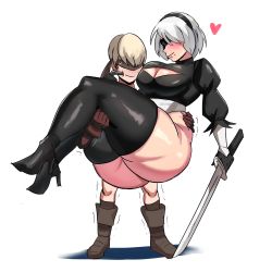 1boy 1girl absurdres artist_request ass black_blindfold blindfold blush boots breast_press breasts carrying cleavage cleavage_cutout clothing_cutout elbow_gloves embarrassed gloves heart hetero highleg highleg_leotard highres huge_ass juliet_sleeves leotard long_sleeves looking_at_another nier_(series) nier:automata princess_carry puffy_sleeves shiny_clothes shiny_skin short_hair size_difference smile square_enix sweat thick_thighs thighs trembling white_background white_hair white_leotard 2b_(nier:automata) 9s_(nier:automata) rating:Sensitive score:42 user:fakyuh