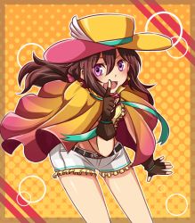  10s 1girl :d artist_name belt border brown_hair cape cowboy_hat fhrmiru fingerless_gloves frilled_shorts frills gloves hair_between_eyes halftone halftone_background hat kurosaki_shun_(love_live!) leaning_forward long_hair looking_at_viewer love_live! love_live!_school_idol_festival low_ponytail midriff open_mouth purple_eyes scrunchie shorts smile solo striped striped_background winged_hat 