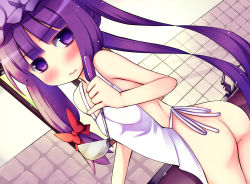 1girl 3: akino_sora apron ass blush embarrassed female_focus flat_chest hat ladle long_hair looking_back naked_apron no_nose patchouli_knowledge pinky_out purple_eyes purple_hair solo touhou wavy_mouth rating:Questionable score:19 user:danbooru