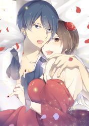 1boy 1girl akujiki_musume_conchita_(vocaloid) arm_around_back ascot bad_id bad_pixiv_id banica_conchita bare_shoulders bed_sheet blood blue_ascot blue_eyes blue_hair blush breasts brown_eyes brown_hair carlos_marlon chef collarbone couple detached_sleeves dress evillious_nendaiki eyelashes flower hair_flower hair_ornament hand_on_another&#039;s_shoulder hetero highres hug injury kaito_(vocaloid) large_breasts light_particles looking_at_viewer meiko_(vocaloid) nail_polish open_mouth petals red_dress red_nails rose rose_petals short_hair tongue tongue_out unbuttoned unbuttoned_shirt vocaloid yuken_52 rating:Sensitive score:0 user:danbooru