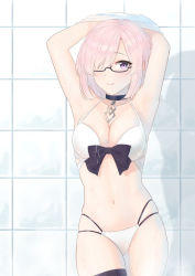  1girl alternate_costume bare_shoulders bikini black_bow black_thighhighs bow breasts collarbone fate/grand_order fate_(series) glasses hair_over_one_eye highres large_breasts light_purple_hair looking_at_viewer mash_kyrielight multi-strapped_bikini navel purple_eyes purple_hair ryotarou_(seyana) shirt short_hair smile solo swimsuit thighhighs tiles white_bikini white_shirt  rating:Sensitive score:9 user:danbooru