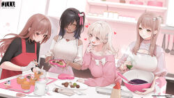  4girls absurdres alternate_costume anis_(nikke) asymmetrical_hair bad_food baking_sheet beaker black_hair black_nails black_shirt blonde_hair blush bow bowl box box_of_chocolates breasts brown_hair candy casual chocolate chocolate_bar chocolate_heart cleavage cleavage_cutout closed_mouth clothing_cutout commander_(nikke) commentary cooking cowboy_shot cup cupcake dark-skinned_female dark_skin dazzling_pearl_(nikke) drooling ear_piercing earrings emma_(nikke) english_commentary eyelashes flying_sweatdrops food gloves goddess_of_victory:_nikke grey_nails grey_shirt hair_bow hair_ornament hair_over_one_eye hairclip hand_to_own_mouth heart heart-shaped_box heart_cutout highres hoop_earrings hungry icing jewelry kitchen ladle large_breasts leaning_forward light_brown_hair logo long_hair looking_at_another looking_to_the_side medium_breasts milk_carton mole mole_under_eye multiple_girls naga_(nikke) nail_polish neon_(nikke) off-shoulder_sweater off_shoulder official_art ohisashiburi open_mouth orange_eyes phallic_symbol piercing pink_bow pink_skirt pink_sweater plate pom_pom_(clothes) pom_pom_hair_ornament rapi_(nikke) red_eyes ribbed_shirt ribbon saliva scissors second-party_source shirt shoulder_cutout side_ponytail skirt slit_pupils smile spatula spoon standing steam straight_hair sweatdrop sweater tia_(nikke) turtleneck turtleneck_sweater valentine watermark whisk white_gloves white_nails white_ribbon white_sweater yellow_eyes 