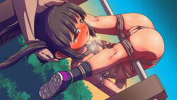  1boy 1girl bdsm black_hair black_socks blush bondage bound cleft_of_venus crotch_rope flat_chest hands_on_another&#039;s_head highres kogakunama loli male_hand nude open_mouth original outdoors pussy red_eyes restrained shibari shoes socks solo_focus suspension tears twintails upside-down  rating:Explicit score:102 user:danbooru