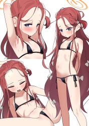  1girl absurdres armpits ass bikini blue_archive blue_eyes breasts flat_chest forehead halo highres long_hair micro_bikini multiple_views navel partially_visible_vulva red_hair simple_background small_breasts spread_legs swimsuit white_background yonketa yuzu_(blue_archive) 