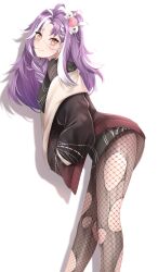  1girl absurdres ahoge black_dress black_jacket dress eye_print fang grey_eyes hand_in_pocket highres jacket jared_(michi_mochievee) looking_at_viewer michi_mochievee multicolored_hair pantyhose popcornflakes purple_hair skin_fang smile stitched_face stitches streaked_hair torn_clothes torn_pantyhose virtual_youtuber vshojo white_background white_hair 
