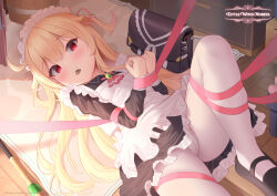  1girl alternate_costume apron bag black_footwear blonde_hair blush bound bound_arms bound_legs chocolate closed_mouth commentary copyright_name english_commentary enmaided feet_out_of_frame flat_chest food_in_mouth heart highres little_witch_nobeta long_hair long_sleeves looking_at_viewer lying maid maid_apron maid_headdress mary_janes mouth_hold nobeta on_back on_floor oopartz_yang pantyhose pink_ribbon red_eyes ribbon second-party_source shoes smile solo very_long_hair watermark white_apron white_pantyhose wooden_floor  rating:Sensitive score:25 user:danbooru