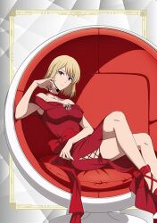  1girl blonde_hair breasts cha_hae-in dress medium_breasts official_art red_dress short_hair solo_leveling thighs  rating:Sensitive score:27 user:92_knightman