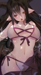 1girl antenna_hair bad_id bad_tumblr_id bare_shoulders bikini black_hair blush breasts cleavage collarbone commentary_request cowboy_shot danua draph from_above front-tie_top granblue_fantasy groin hair_between_eyes horn_ornament horns large_breasts long_hair navel nido_celisius open_mouth partially_submerged pointy_ears purple_hair red_eyes solo stomach swimsuit very_long_hair water wet white_bikini rating:Sensitive score:14 user:danbooru