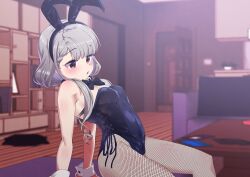  1girl animal_ears arm_support bare_shoulders black_leotard blush bow bowtie breasts brown_eyes commentary_request detached_collar fake_animal_ears fishnet_pantyhose fishnets grey_hair hisakawa_nagi idolmaster idolmaster_cinderella_girls indoors leotard long_hair looking_to_the_side paid_reward_available pantyhose parted_lips playboy_bunny shift_(waage) sitting small_breasts solo strapless strapless_leotard wrist_cuffs 