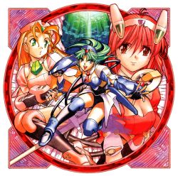  1990s_(style) 3girls alice_in_cyberland aqua_eyes aqua_hair blonde_hair breasts cleavage fingerless_gloves floating_hair gloves green_eyes headgear highres long_hair minazuki_alice multiple_girls non-web_source official_art ootori_rena_(alice_in_cyberland) open_mouth parted_lips red_eyes red_hair retro_artstyle short_hair squatting yagami_juri 