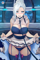 1girl alternate_costume asymmetrical_bangs bare_shoulders bdsm blue_bra blue_eyes blue_panties blue_thighhighs blush bra breasts cleavage clothes_lift collar cowboy_shot enmaided garter_straps hair_bun hair_over_one_eye indoors lainart large_breasts layered_skirt leash lifting_own_clothes long_hair looking_at_viewer maid midriff navel nose_blush open_mouth panties rwby sex_toy single_hair_bun skirt skirt_lift slave solo thighhighs trembling underwear vibrator vibrator_in_thighhighs vibrator_under_clothes viewer_holding_leash white_hair winter_schnee rating:Questionable score:241 user:danbooru