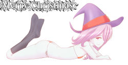  1girl ass bare_shoulders bikini black_socks breasts closed_mouth feet_up female_focus flat_chest from_side full_body hair_over_one_eye hat highres kneehighs legs_together little_witch_academia loli long_hair looking_at_viewer lying micro_bikini on_stomach orange_bikini purple_eyes purple_hair side-tie_bikini_bottom simple_background small_breasts smile socks solo sucy_manbavaran swimsuit teya_(oppai_guild_boshuuchuu) white_background witch_hat 
