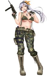  1girl blue_eyes bra breasts camouflage camouflage_pants cleavage dmm gang_of_heaven grey_hair gun large_breasts long_hair military military_uniform pants solo tagme underwear uniform weapon 