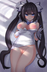  1girl black_hair blue_bow blue_bowtie blue_eyes blue_ribbon blunt_bangs blush bow bowtie breasts breasts_out censored cleavage_cutout cleft_of_venus closed_mouth clothes_lift clothes_pull clothing_cutout dress dress_lift dress_pull dungeon_ni_deai_wo_motomeru_no_wa_machigatteiru_darou_ka gloves hair_between_eyes hestia_(danmachi) highres kazukoto large_breasts long_hair looking_at_viewer lying mosaic_censoring nipples no_panties on_back pencil_dress pussy rei_no_himo ribbon shade short_dress smile solo tight_clothes tight_dress tsurime twintails very_long_hair white_dress white_gloves wide_hips  rating:Explicit score:101 user:danbooru