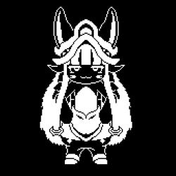  1other :3 animal_ears animated animated_gif body_fur bune furry helmet horizontal_pupils made_in_abyss monochrome nanachi_(made_in_abyss) other_focus parody pixel short_hair_with_long_locks sidelocks solo style_parody undertale whiskers  rating:Sensitive score:18 user:Kain_Gladius