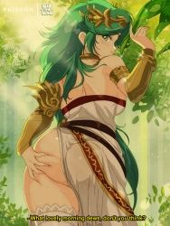  1girl ancient_greek_clothes ass bare_shoulders bluethebone chiton dress forest green_eyes green_hair hand_on_own_ass highres jewelry kid_icarus long_hair looking_at_viewer nature necklace nintendo palutena sexually_suggestive simple_background smile solo thighhighs tiara underwear very_long_hair wet  rating:Questionable score:66 user:danbooru