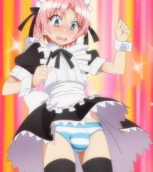10s 1boy arikawa_hime black_thighhighs blue_eyes blush bulge clothes_lift crossdressing embarrassed frilled_skirt frills highres himegoto maid maid_headdress male_focus open_mouth panties penis_in_panties pink_hair pleated_skirt screencap short_hair skirt skirt_lift solo sparkle stitched striped_clothes striped_panties thighhighs third-party_edit trap underwear upskirt wavy_mouth wrist_cuffs rating:Questionable score:117 user:danbooru
