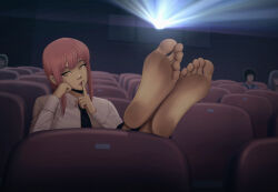  1girl barefoot black_necktie blurry blurry_background chainsaw_man chair collared_shirt crossed_legs dirty dirty_feet feet feet_up finger_to_mouth foot_focus foreshortening hand_on_own_cheek hand_on_own_face highres kusujinn lips long_sleeves makima_(chainsaw_man) movie_theater necktie red_hair shirt shushing sidelocks sitting soles solo_focus toes white_shirt yellow_eyes  rating:Sensitive score:167 user:danbooru